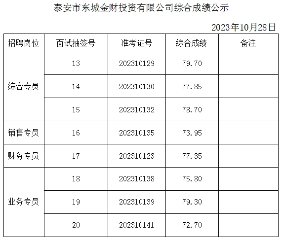 泰安市東城金財投資有限公司綜合成績公示